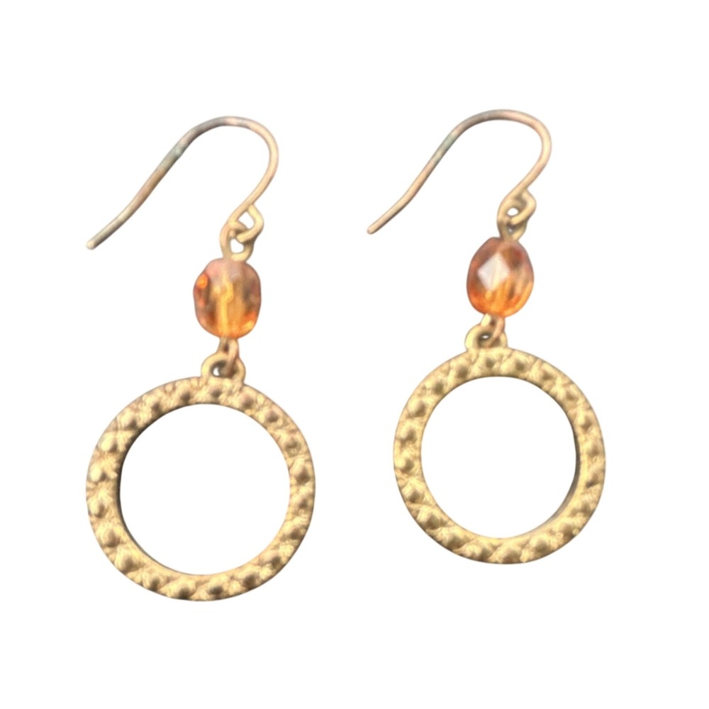 Gold Tone Textured Circle Drop Earrings with Amber Faceted Bead Accents